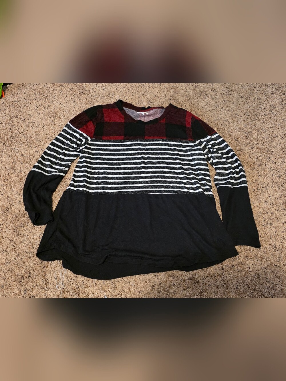 Maurices Black & Red Mixed-Pattern Long Sleeve Sweater